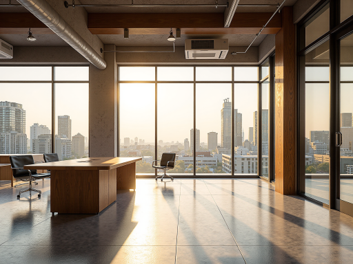 现代化办公环境室内场景，宽敞明亮的会议室，木质桌椅，墙上挂着企业文化标语，阳光透过大窗户洒入室内，营造出温馨专业的办公氛围