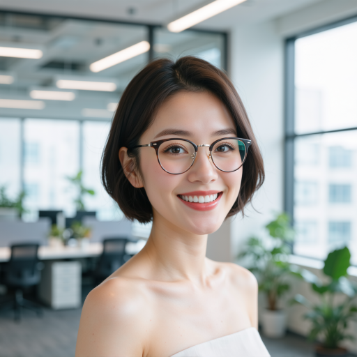 二十八岁左右女性头像，穿时尚职业装，背景为现代办公环境，短发，笑容亲切，眼神活泼，展现年轻活力