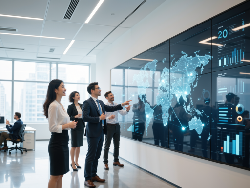 未来科技感的办公室场景，现代化的办公设备，年轻的专业团队正在讨论工作，墙上显示着文化项目的进度图表，整体呈现出积极向上的工作氛围